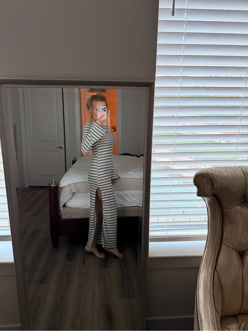 Bershka Striped Long Sleeve Maxi Dress in White and Gray